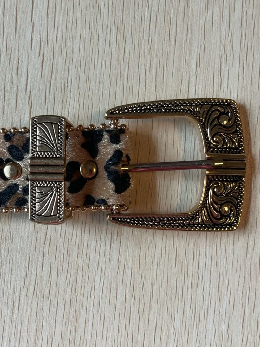 Vintage Leopard Print Western Buckle Belt - Beige Black Gold